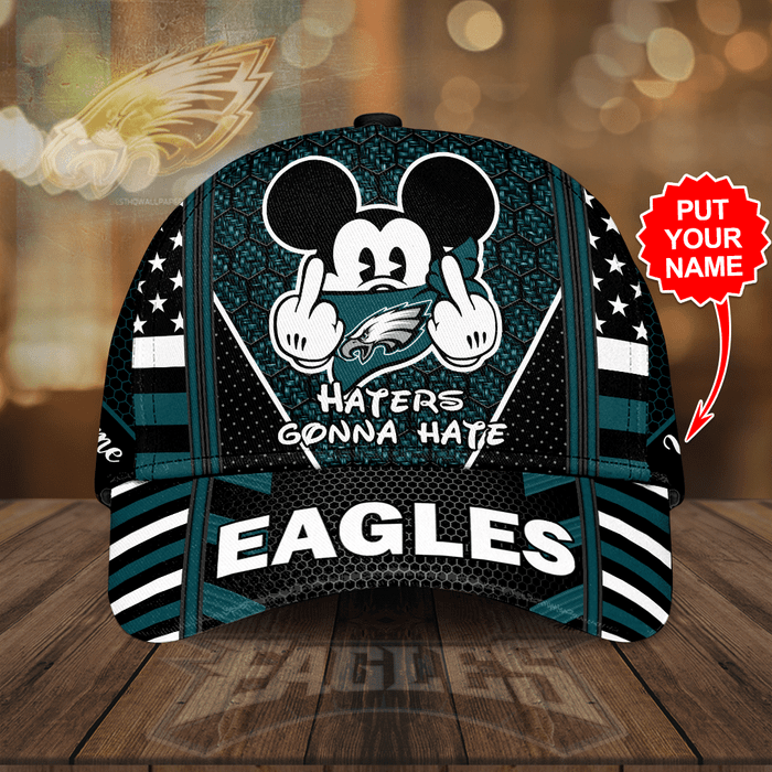Personalized Philadelphia Eagles Mickey Mouse Haters Gonna Hate 3D Baseball Cap Black Teal CNI2094