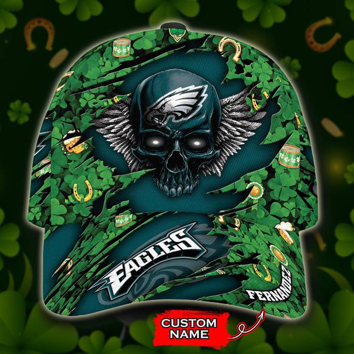 Personalized Philadelphia Eagles St Patrick Day Skull 3D Baseball Cap Green Blue CNI1029