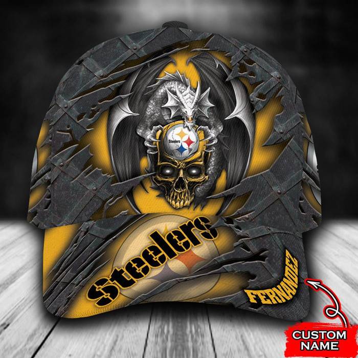Personalized Pittsburgh Steelers Dragon Skull 3D Baseball Cap Yellow CNI1681