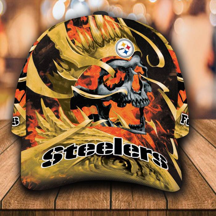 Personalized Pittsburgh Steelers Fire Skull 3D Baseball Cap Yellow CNI1934