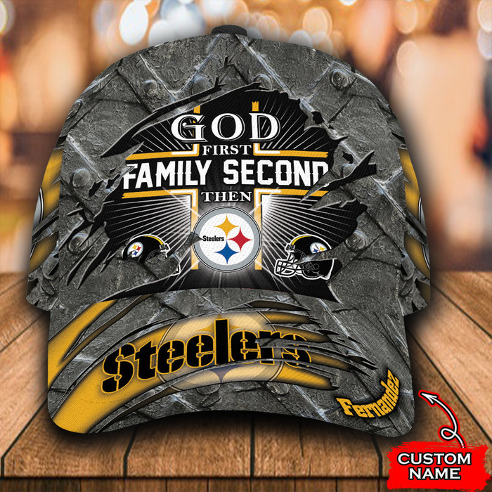 Personalized Pittsburgh Steelers God First Family Second 3D Classic Baseball Cap CNI447