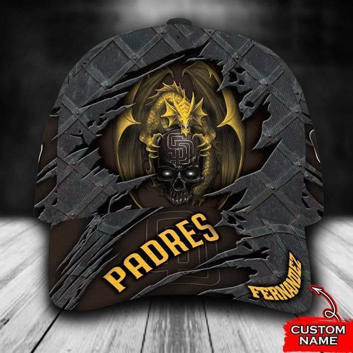Personalized San Diego Padres Dragon Skull 3D Baseball Cap CNI169