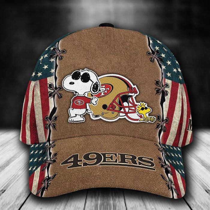 Personalized San Francisco 49Ers Snoopy USA Flag 3D Baseball Cap Brown CNI1575