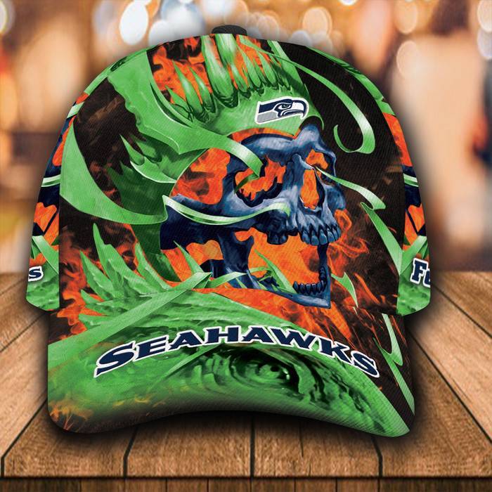 Personalized Seattle Seahawks Flame Skull 3D Classic Baseball Cap CNI257