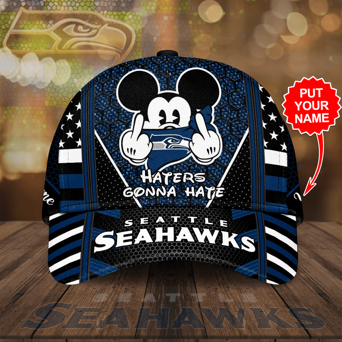 Personalized Seattle Seahawks Mickey Mouse Haters Gonna Hate 3D Classic Baseball Cap Black Blue CNI2160