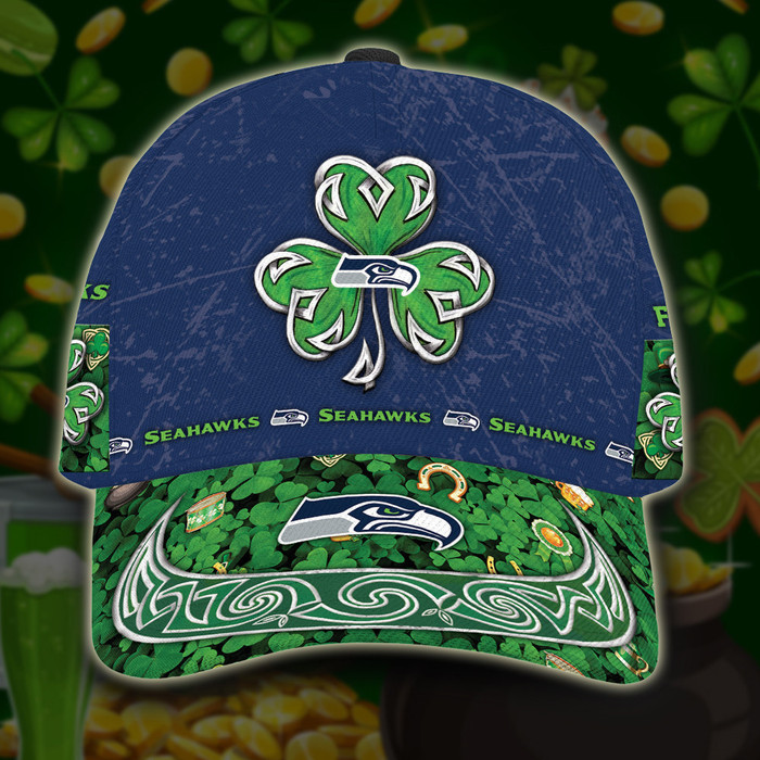 Personalized Seattle Seahawks St Patrick Day 3D Baseball Cap Blue Green CNI1446