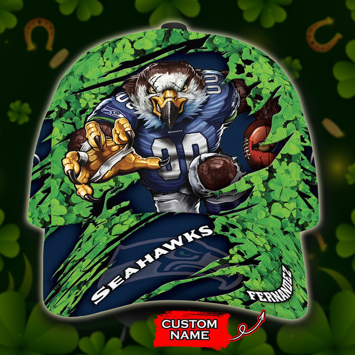 Personalized Seattle Seahawks St Patrick Day Mascot 3D Baseball Cap Navy Green CNI1888
