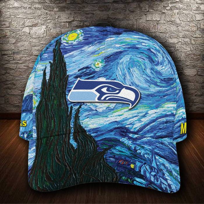 Personalized Seattle Seahawks Starry Night Van Gogh 3D Baseball Cap CNI1135