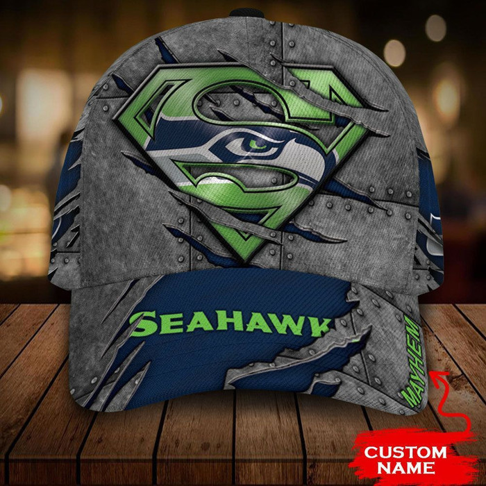 Personalized Seattle Seahawks Superman 3D Baseball Cap Navy CNI1783