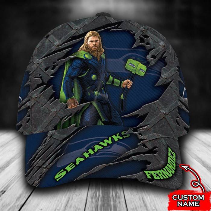 Personalized Seattle Seahawks Thor Marvel 3D Baseball Cap Navy CNI1578