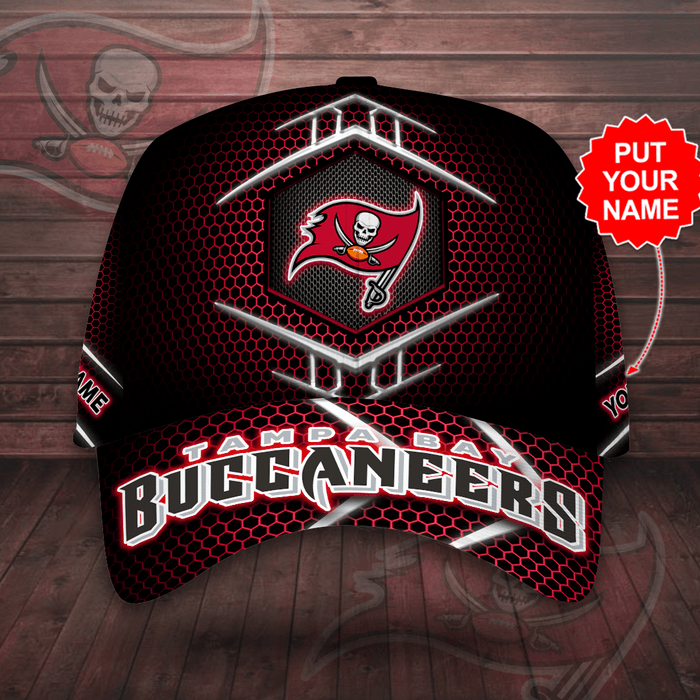 Personalized Tampa Bay Buccaneers Beehive Hexagon Pattern 3D Baseball Cap Black Red CNI2036