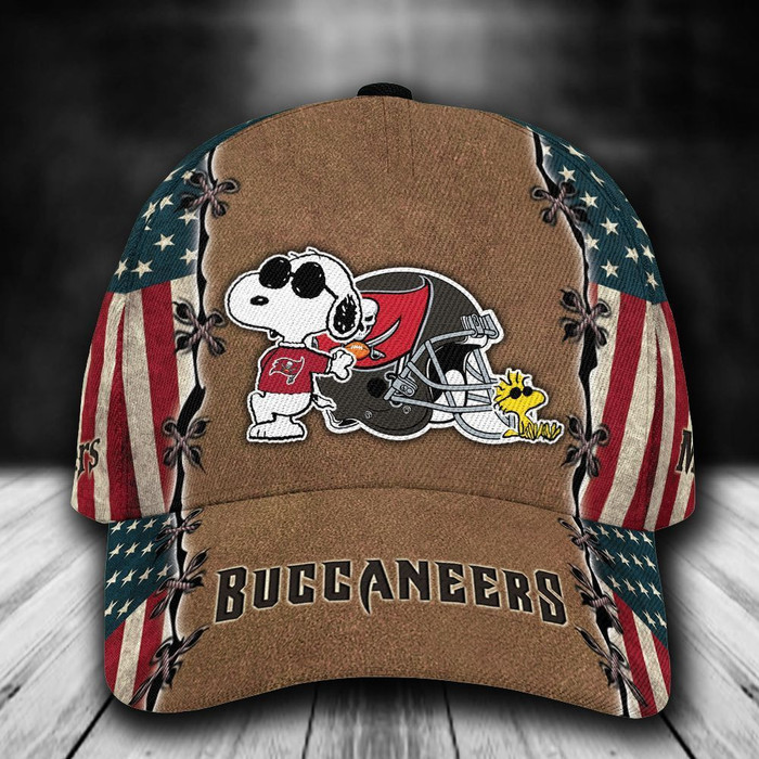 Personalized Tampa Bay Buccaneers Snoopy USA Flag 3D Baseball Cap Brown CNI1848