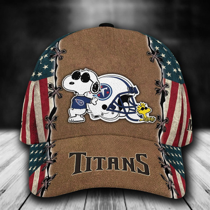 Personalized Tennessee Titans Snoopy USA Flag 3D Baseball Cap Brown CNI1586