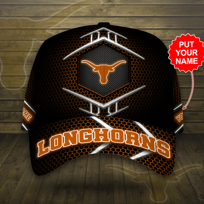 Personalized Texas Longhorns Beehive Hexagon Pattern 3D Baseball Cap Black Orange CNI2097
