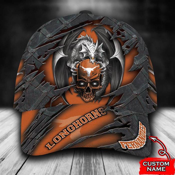 Personalized Texas Longhorns Dragon Skull 3D Baseball Cap Orange CNI1060