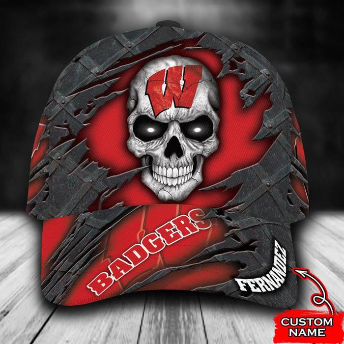 Personalized Wisconsin Badgers Skull 3D Baseball Cap Red CNI1573