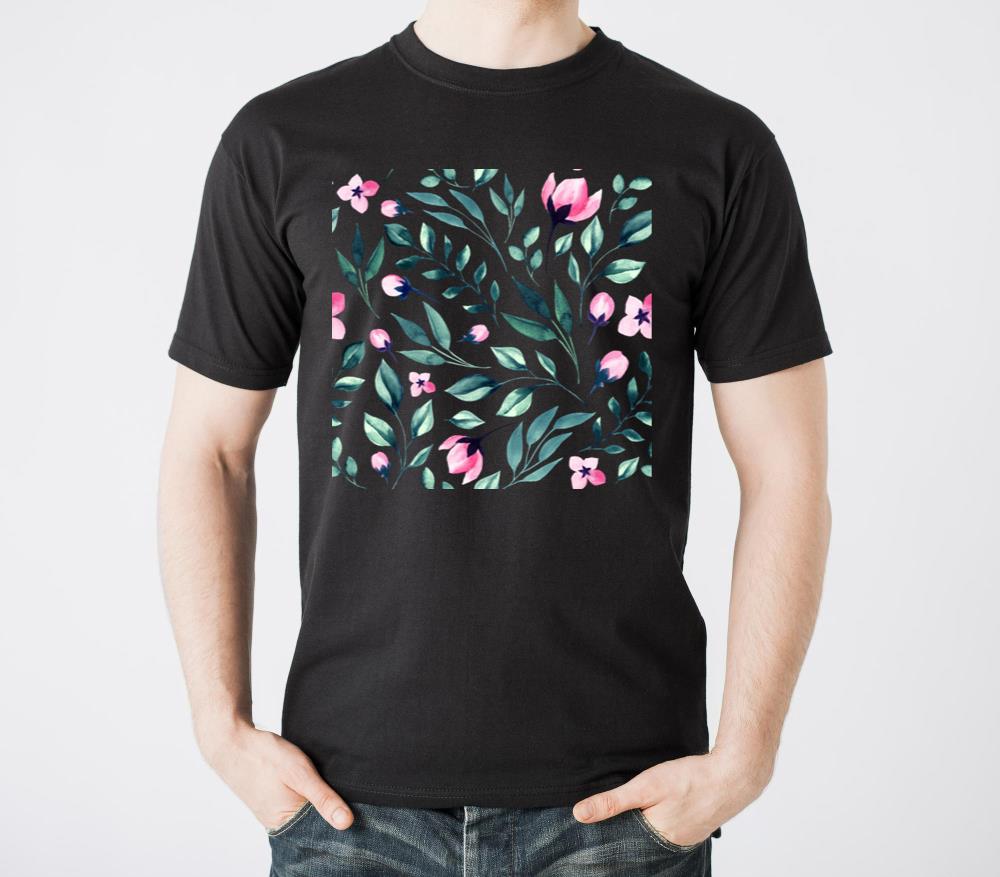 Pink Flowers with Leaves Watercolor Pattern - Unisex Standard T-Shirt