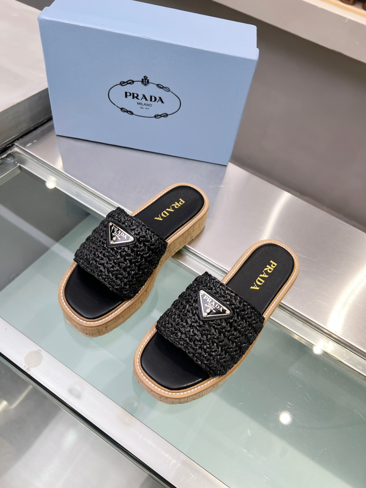 Prada Crochet Flatform Slides Logo In Black