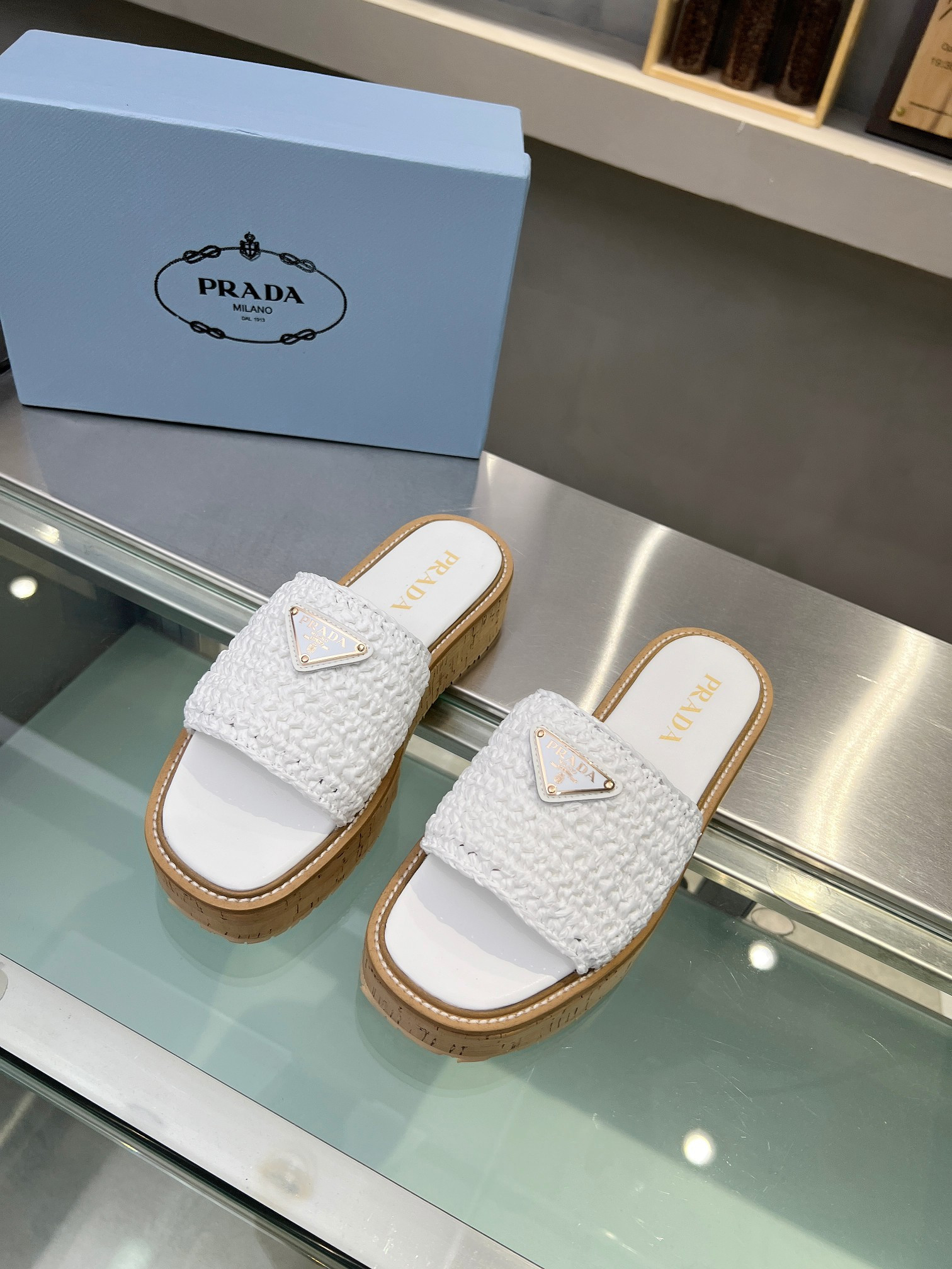 Prada Crochet Flatform Slides Logo In White