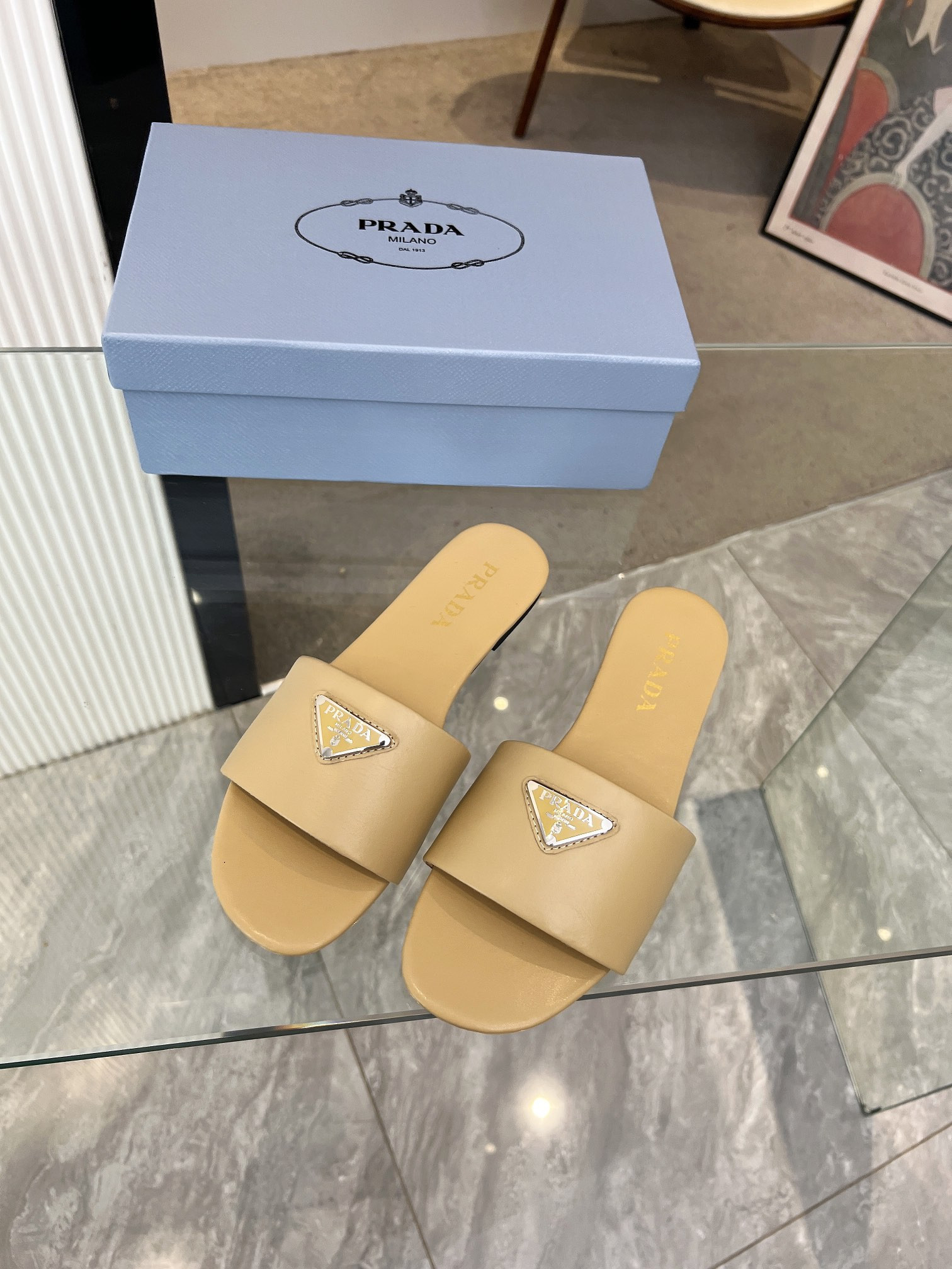 Prada Flat Sandals Triangle Logo In Beige Cowhide