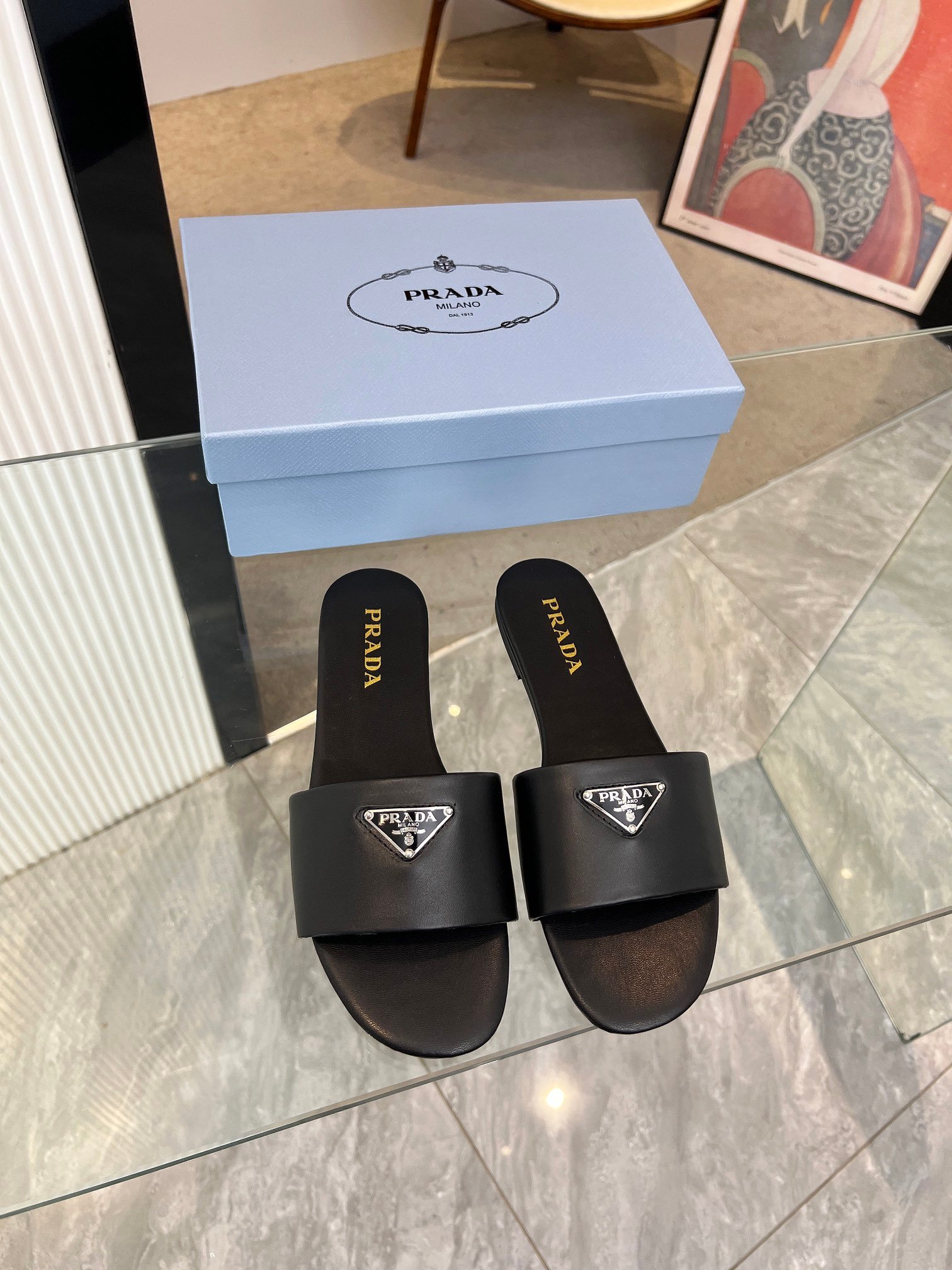 Prada Flat Sandals Triangle Logo In Black Cowhide