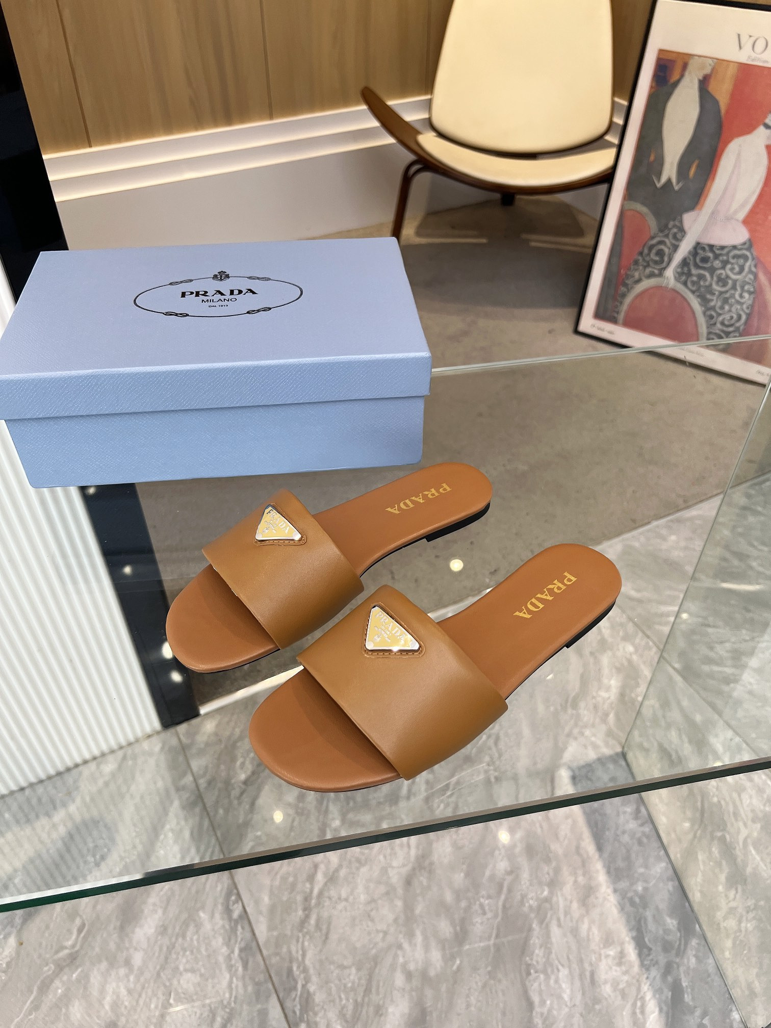 Prada Flat Sandals Triangle Logo In Brown Cowhide