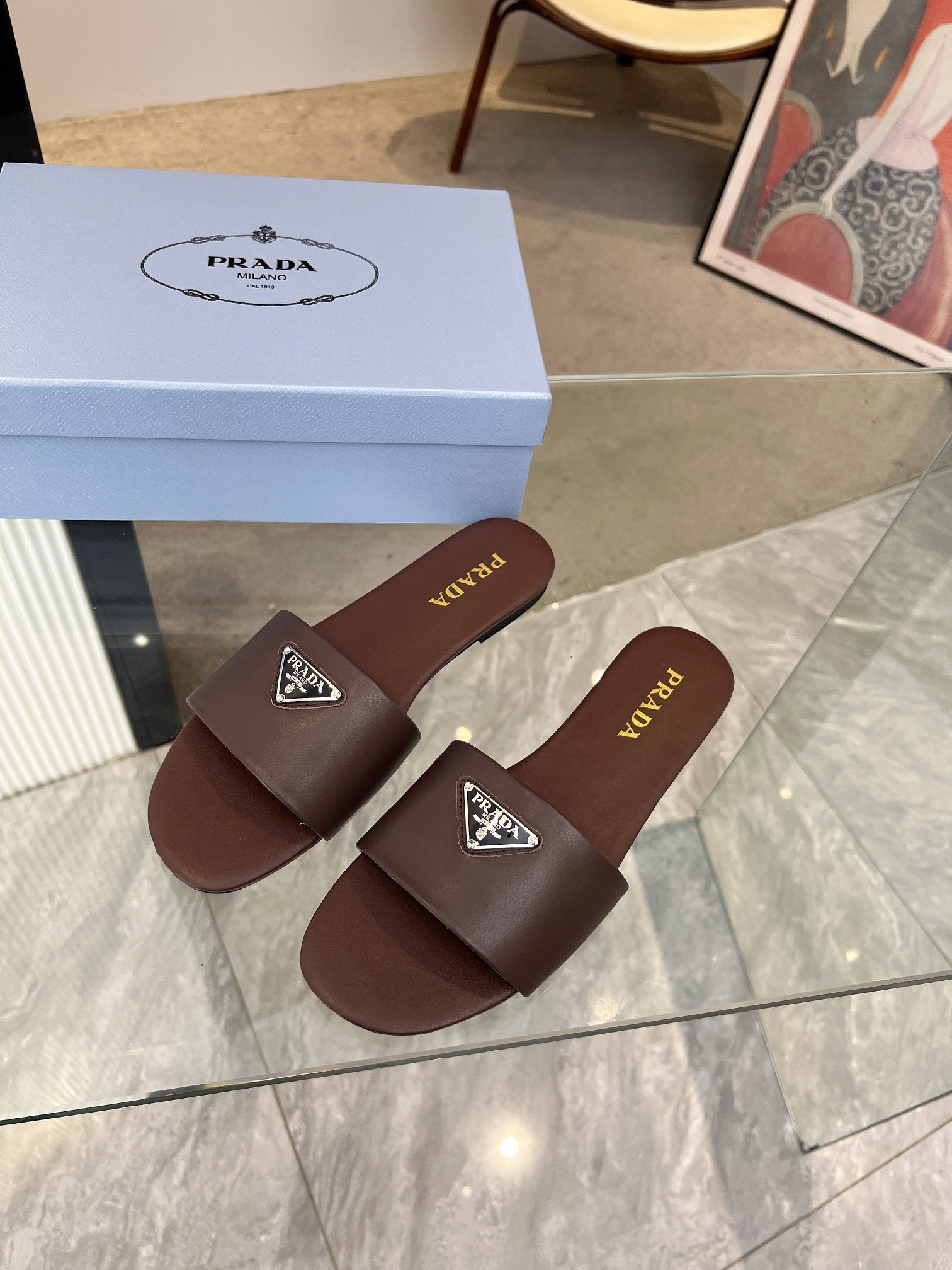 Prada Flat Sandals Triangle Logo In Chocolate Cowhide