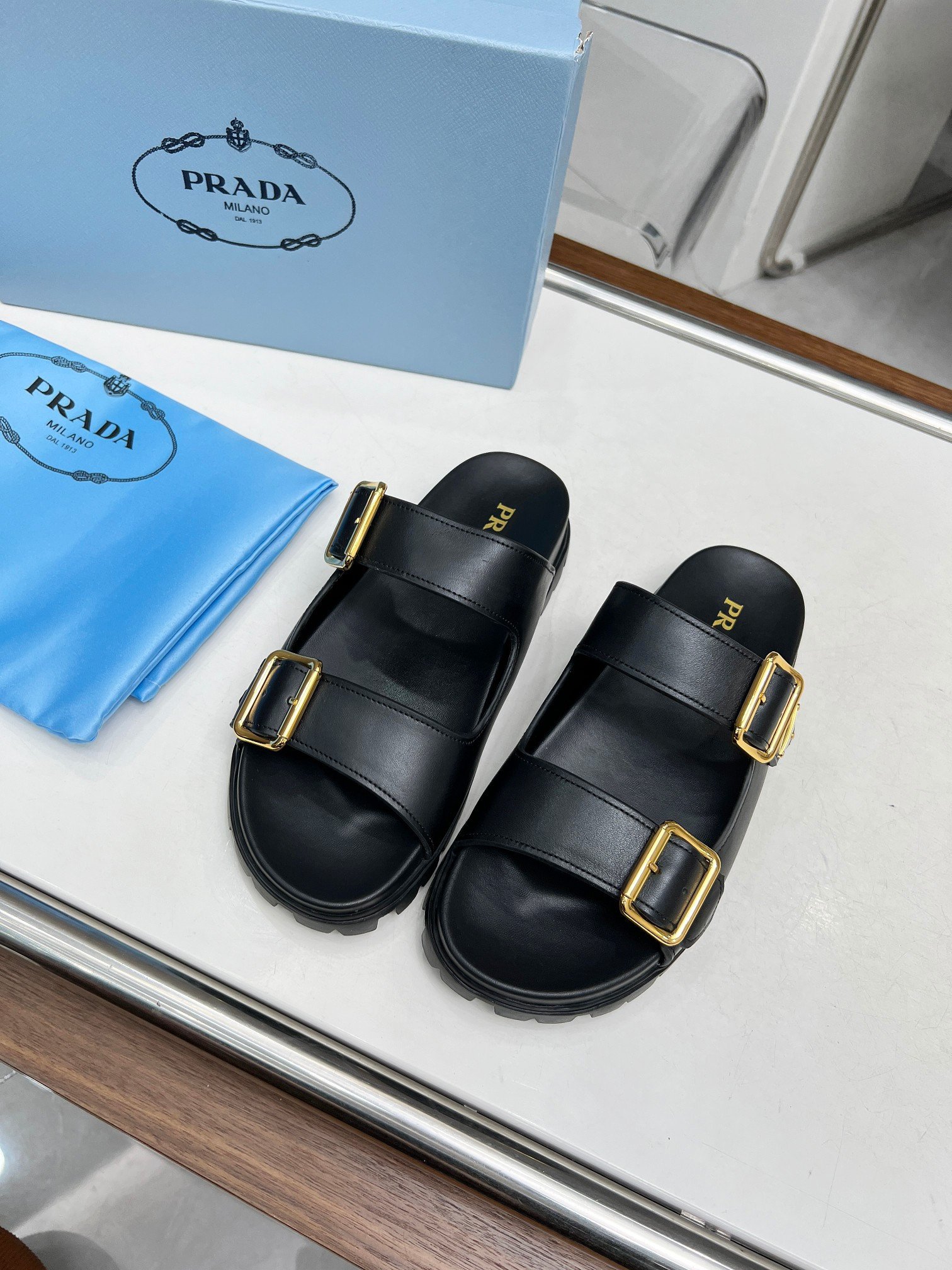 Prada Leather Strap Slides Logo In Black