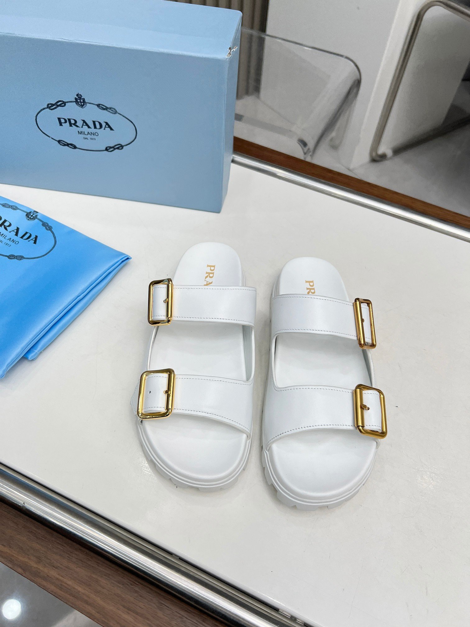 Prada Leather Strap Slides Logo In White