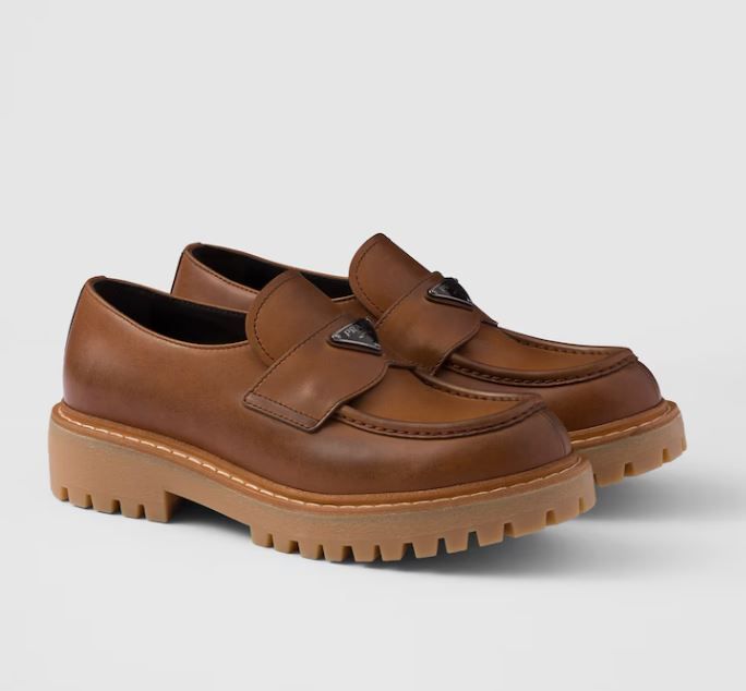Prada Leather Triangular Logo Men's Loafers Brown 2DE151070F0046