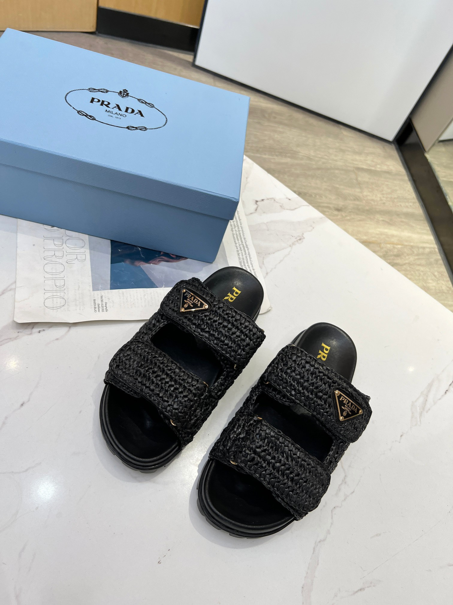 Prada Logo-Plaque Woven Sandals In Black