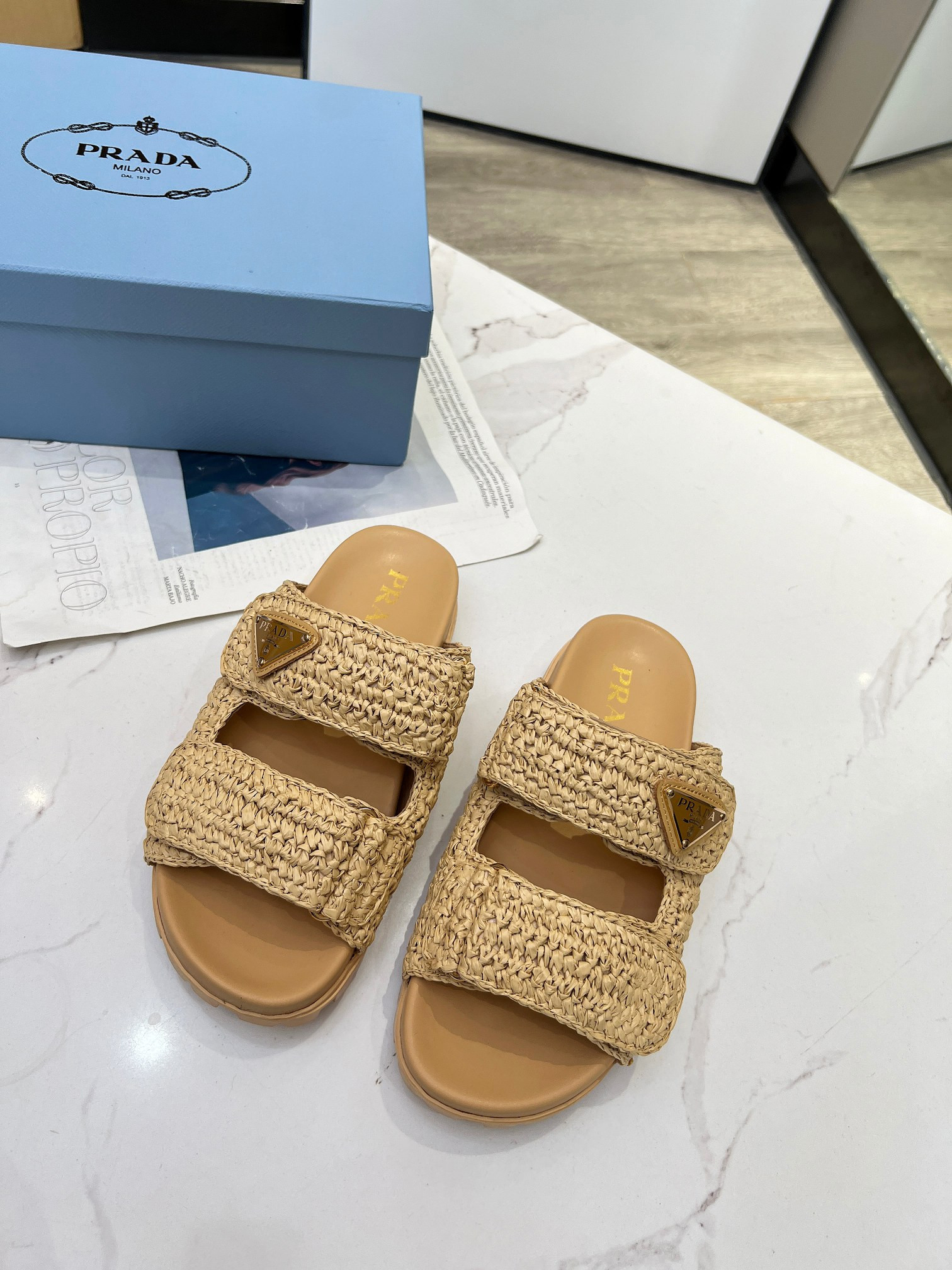 Prada Logo-Plaque Woven Sandals In Sand Beige