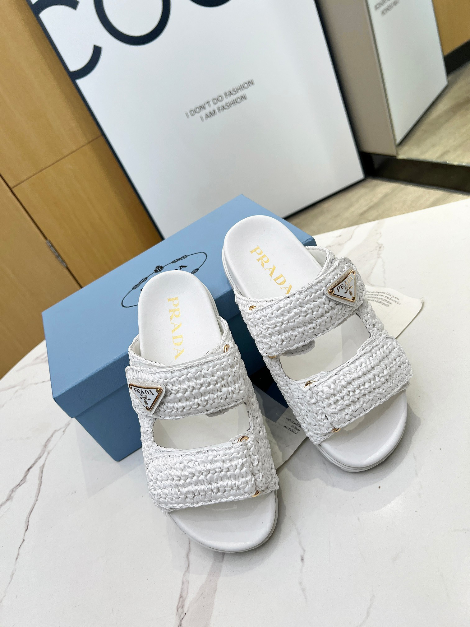 Prada Logo-Plaque Woven Sandals In White