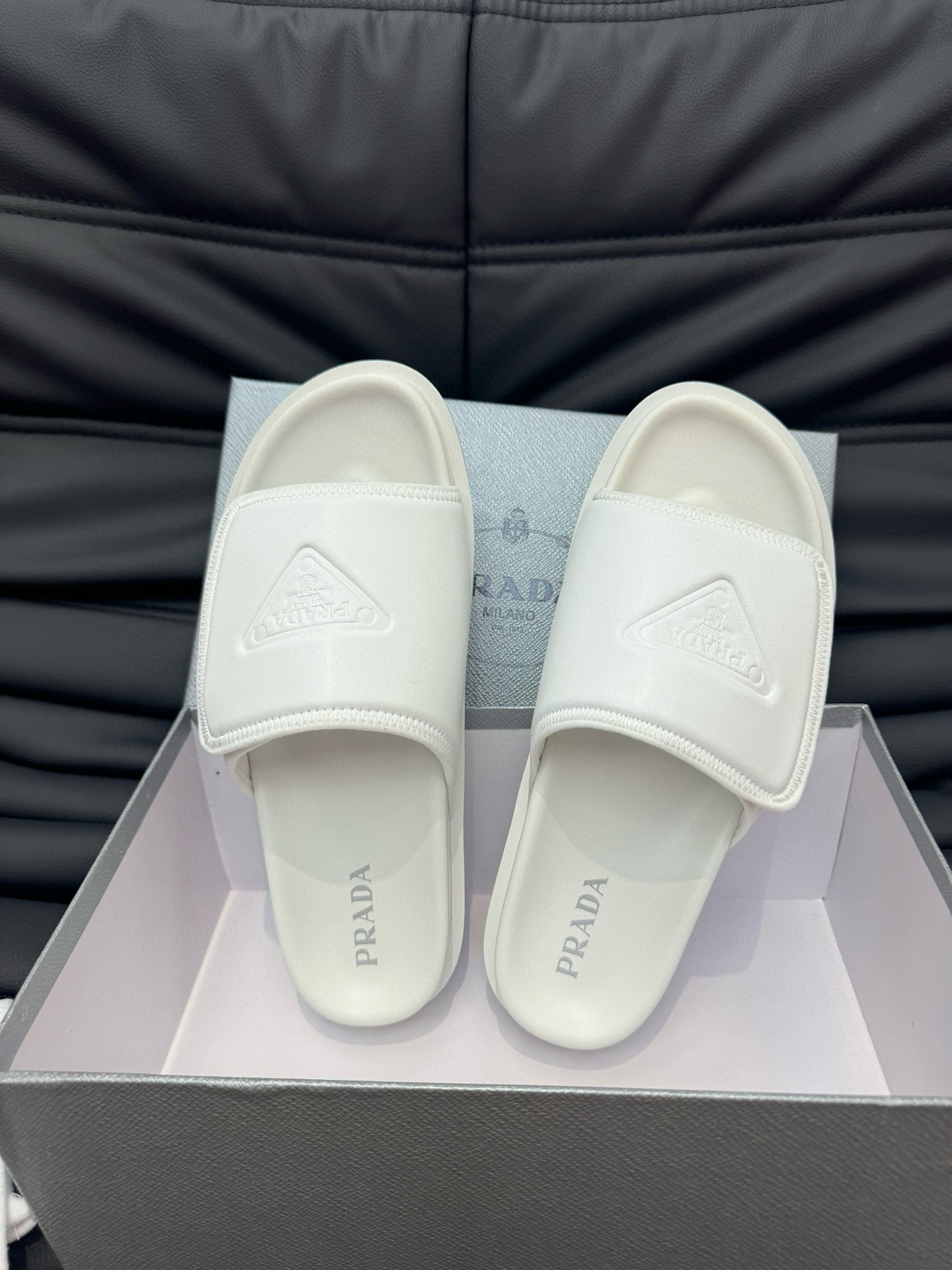 Prada Logo Soft Padded Nappa Leather Slides In White