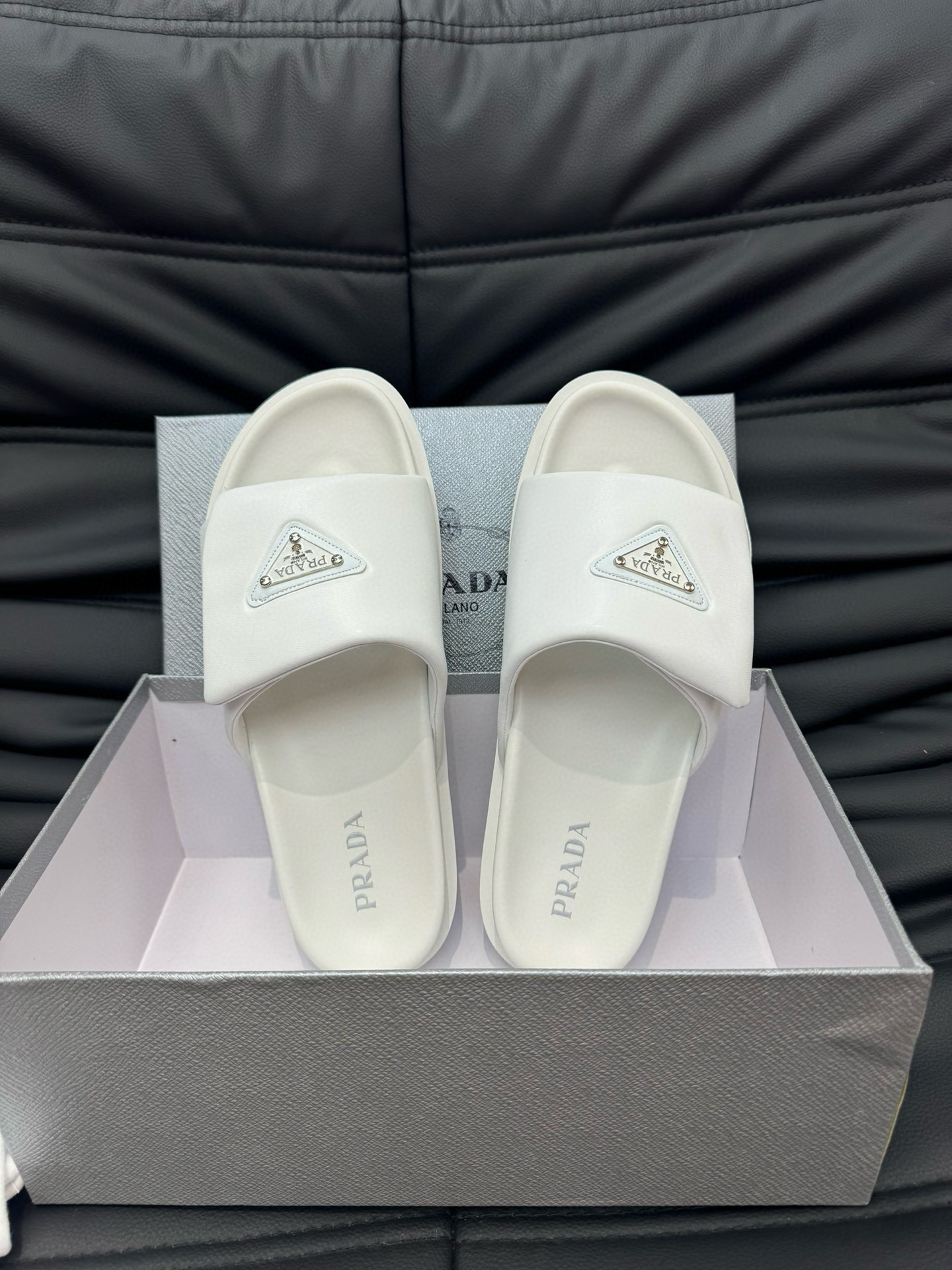 Prada Soft Padded Nappa Leather Slides In White
