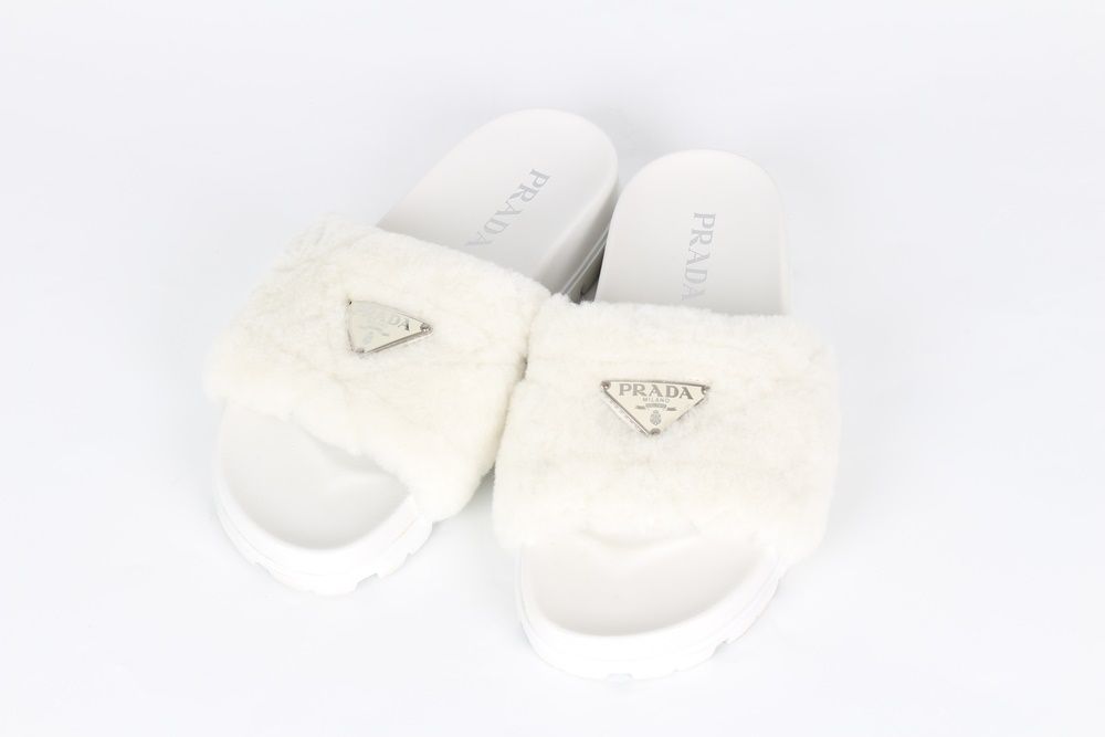 Prada Triangle Logo Shearling Fur Slippers 36.5 - SKU 36.5