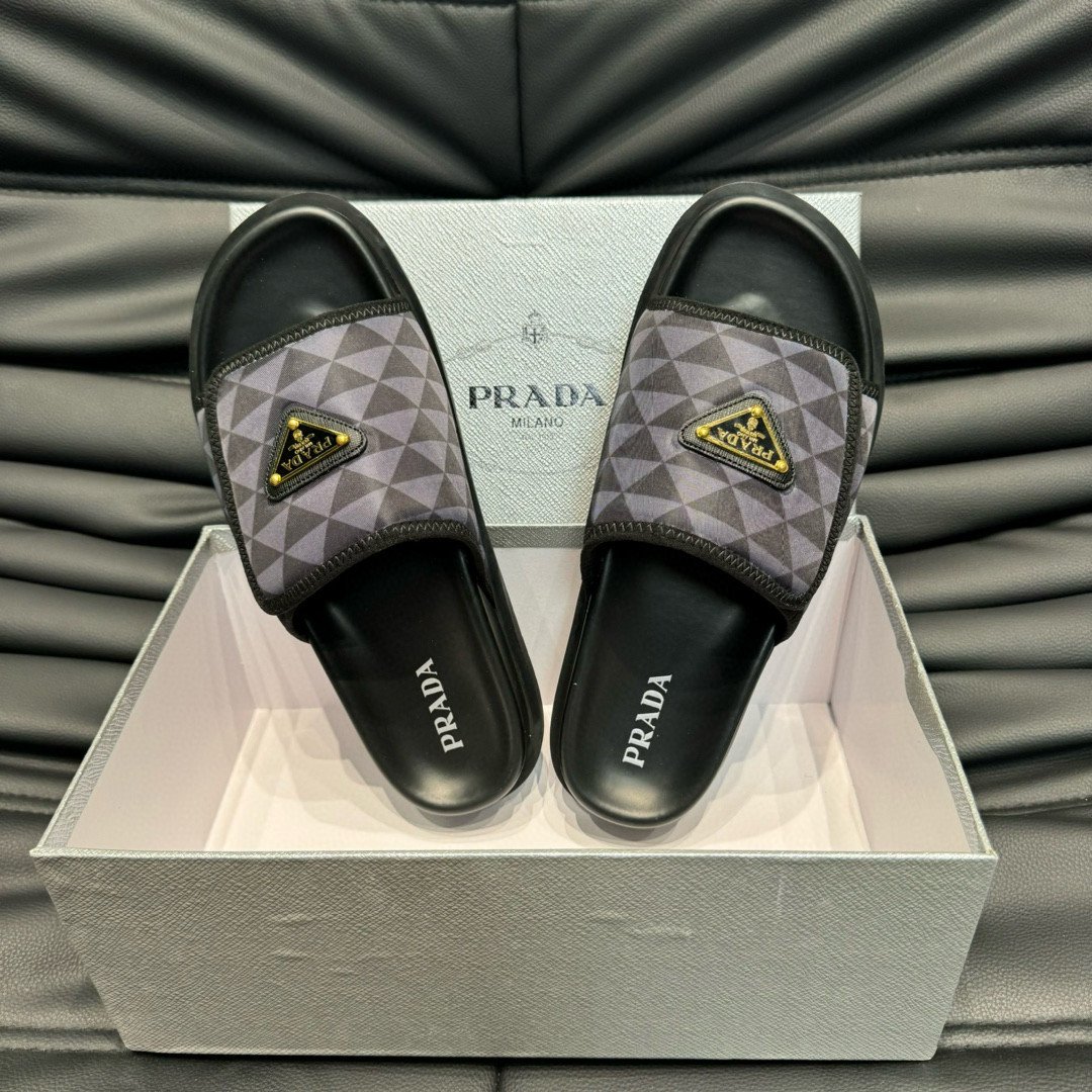 Prada Triangle Pattern Canvas Slides In Black