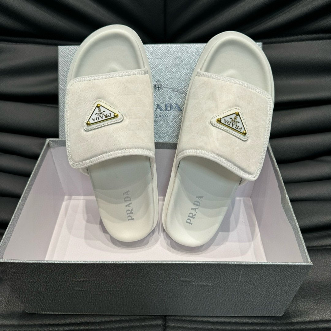 Prada Triangle Pattern Canvas Slides In White