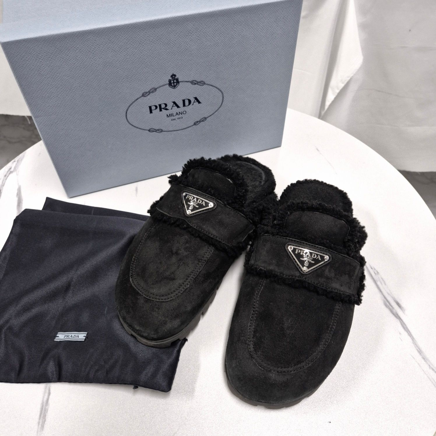 Prada Women's Seersucker Mules with Triangle Logo (1S711M)