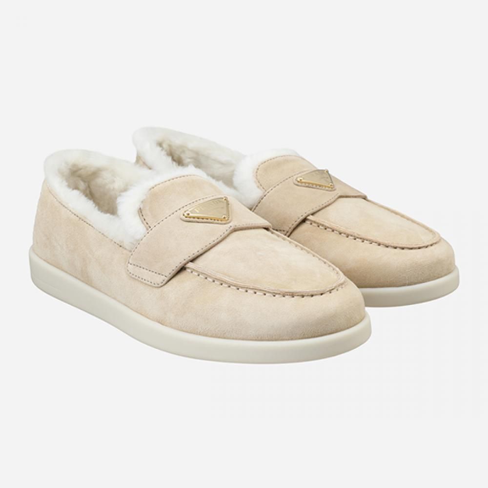 Prada Women's Suede Shearling Loafers Ecru 1D222N 3LPM F0379