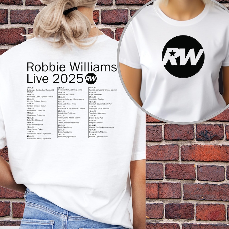 Robbie Rw Logo Tour T-Shirt, Robbie 2025 Uk Tour T-Shirt, Robbie Williams Tee