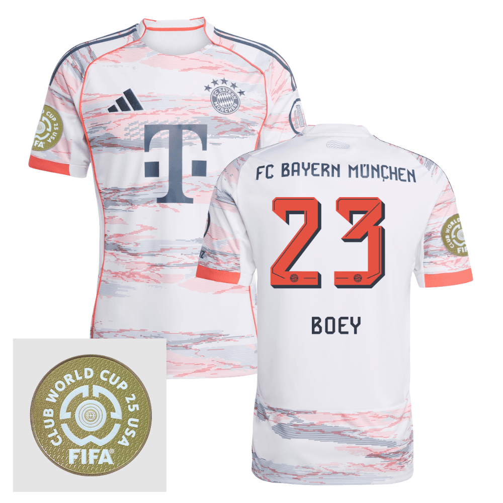 Sacha Boey 23 Bayern Munich 2025/26 FIFA Club World Cup 25 USA Patch Away Men Jersey - White