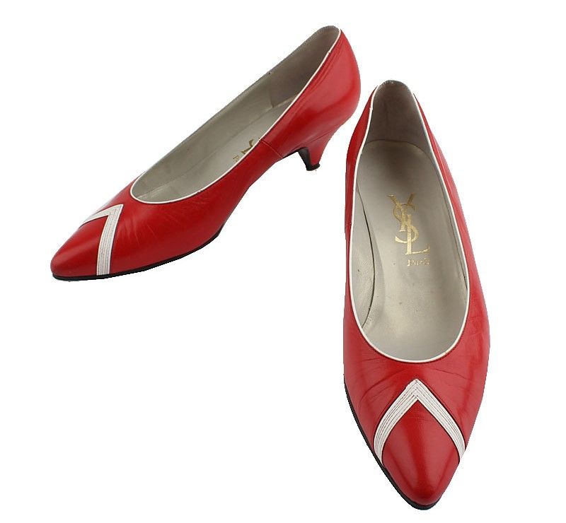 Saint Laurent Red & White Color Block Low Heel Pumps 36.5 SKU12345