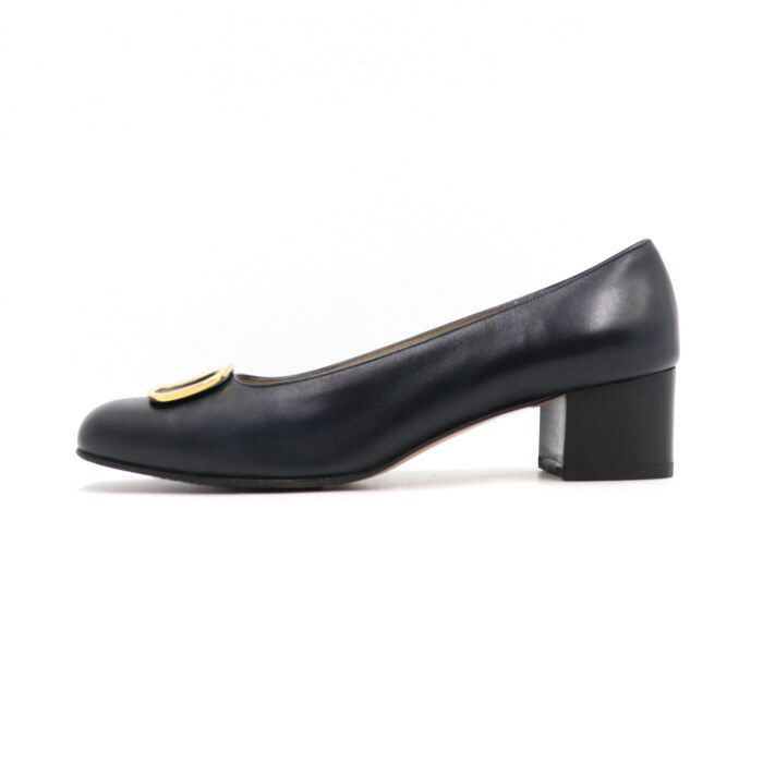 Salvatore Ferragamo Dark Navy Gold Buckle Decor Women's Shoes DB 46605 Gift aa45525