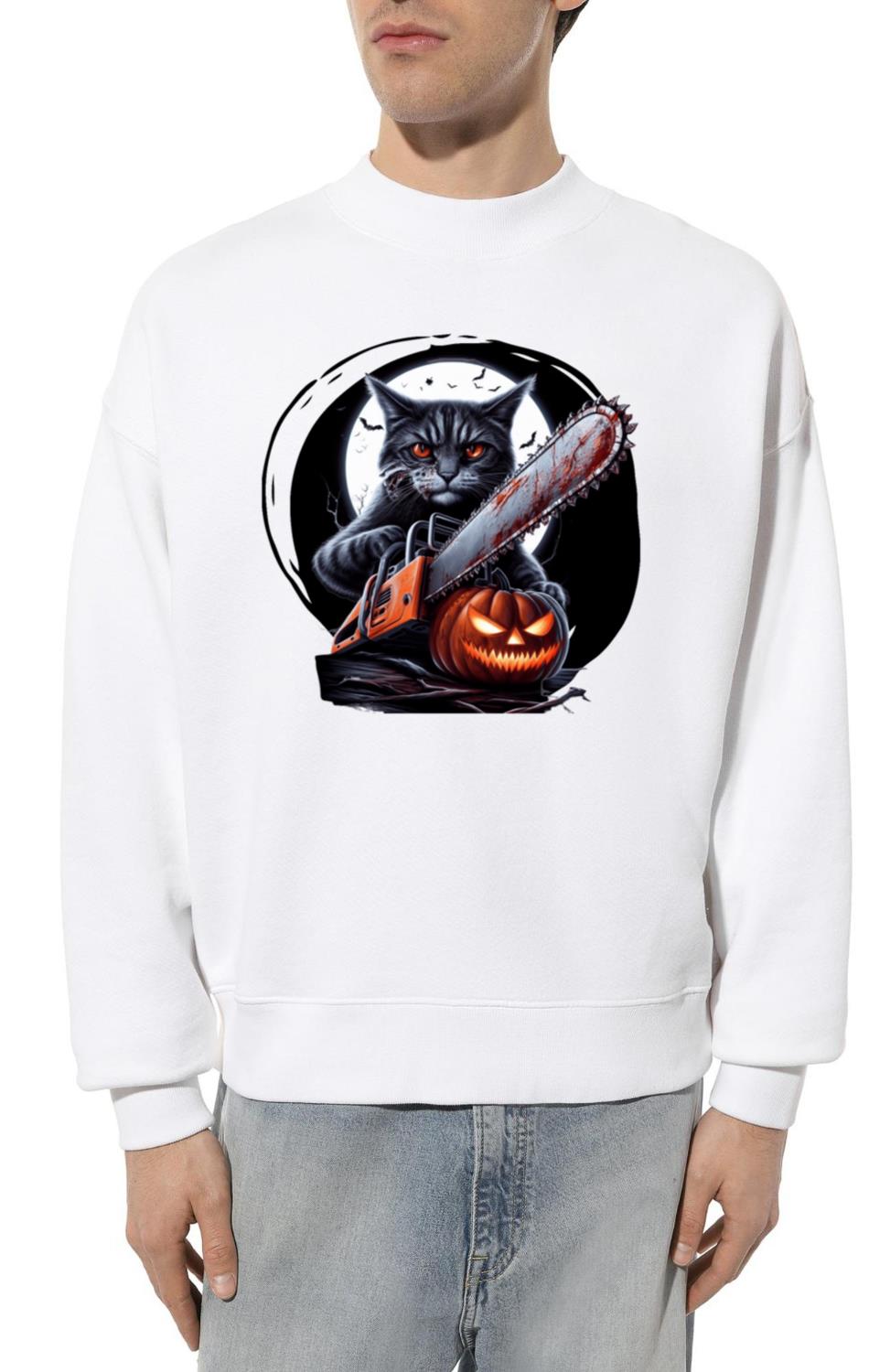 Scary cat with chainsaw and pumpkin - Unisex Sweatshirt