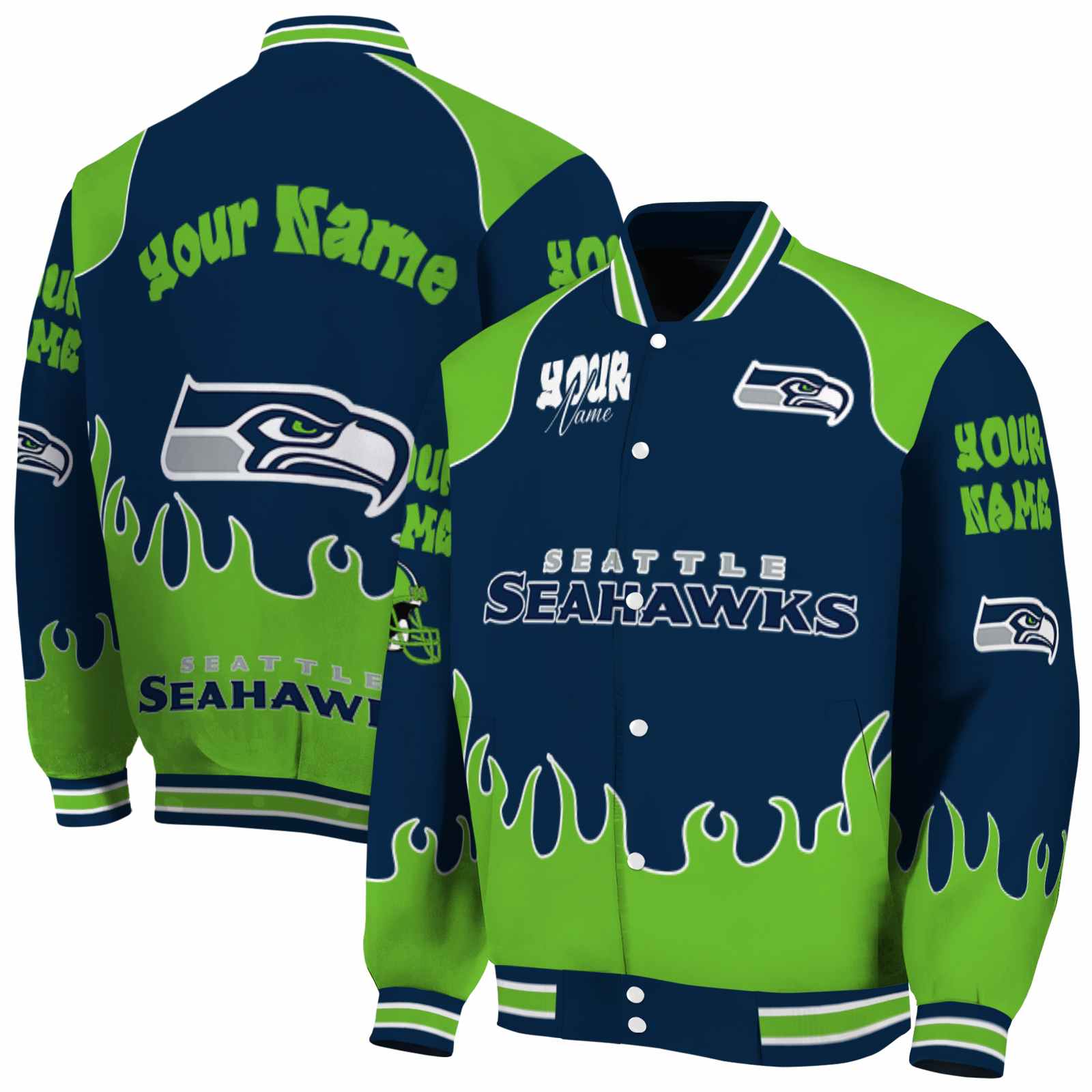 Seattle Seahawks NCAA Fire Graphic Blue Jacket Personalized For Football Fans