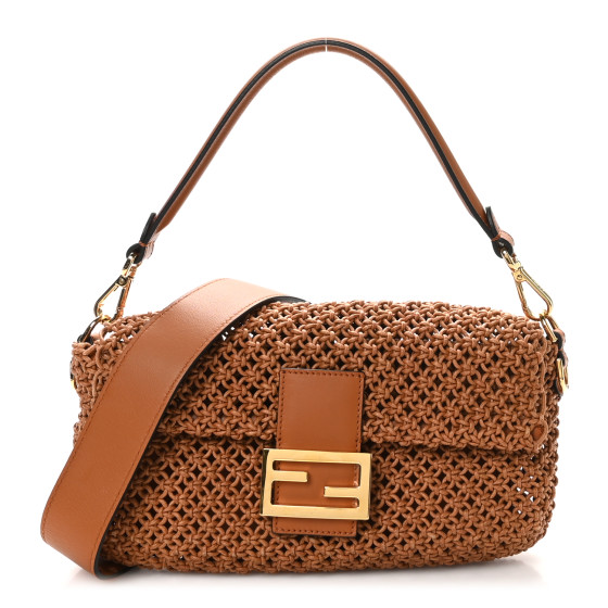 Straw Vitello King Woven Baguette Brandy