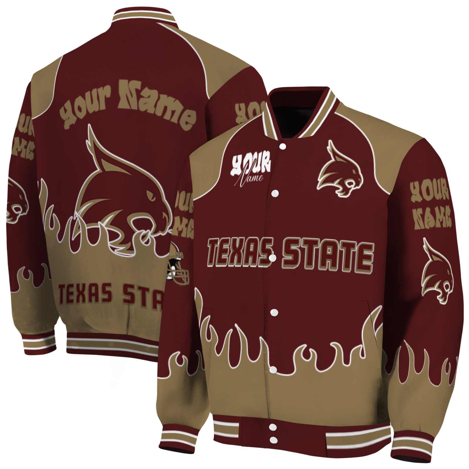 Texas State Bobcats NCAA Fire Graphic Maroon Jacket Personalized For Football Fans