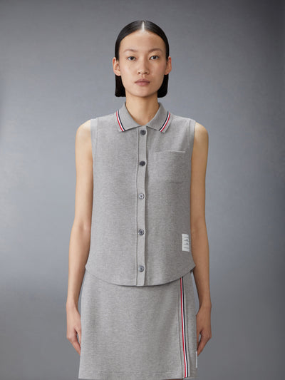 THOM BROWNE COTTON WAFFLE SLEEVELESS BUTTON SHIRT - LT GREY