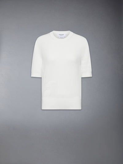 THOM BROWNE FEATHER INTARSIA POINTELLE 4-BAR TEE - WHITE